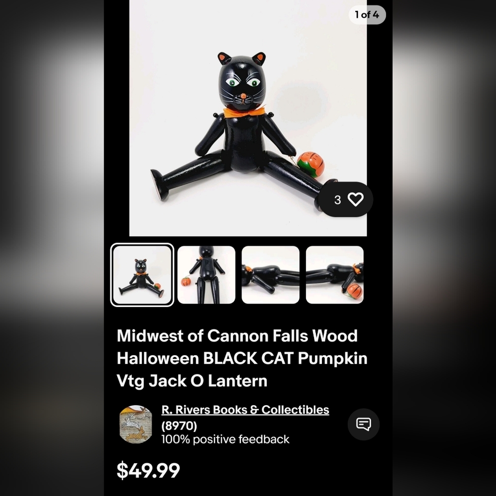 Halloween Black Cat Figurine with Jack-O'-Lantern & Orange Paper Mache Pumpkin. - Picture 8 of 8
